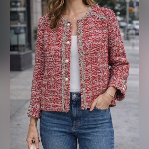 Zara Jackets & Blazers - Zara Red Tweed Pearl-Button Jacket